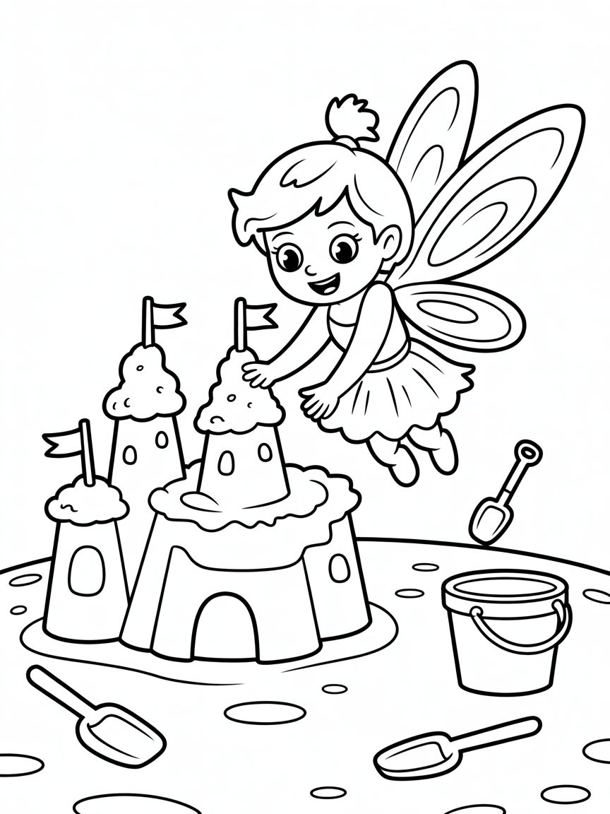 Fairy building a sandcastle on the moon - Free Coloring Page