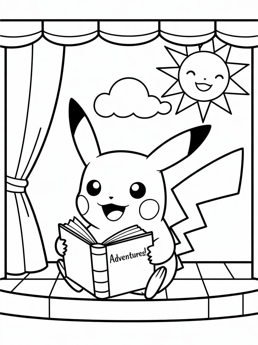 pokemon pikachu is reading lines in out-theather and sun is smiling in sky - Free Coloring Page
