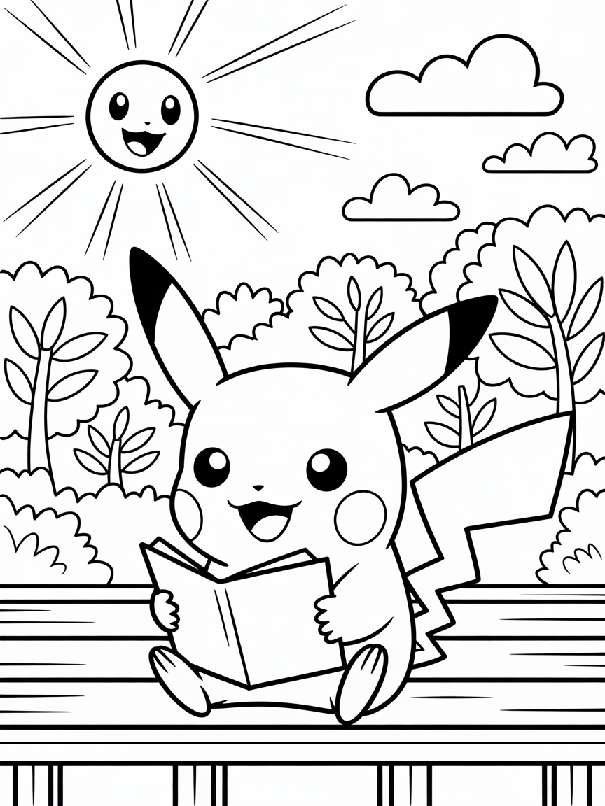 pokemon pikachu is reading lines in outside Summer theater and sun is smiling in sky - Free Coloring Page