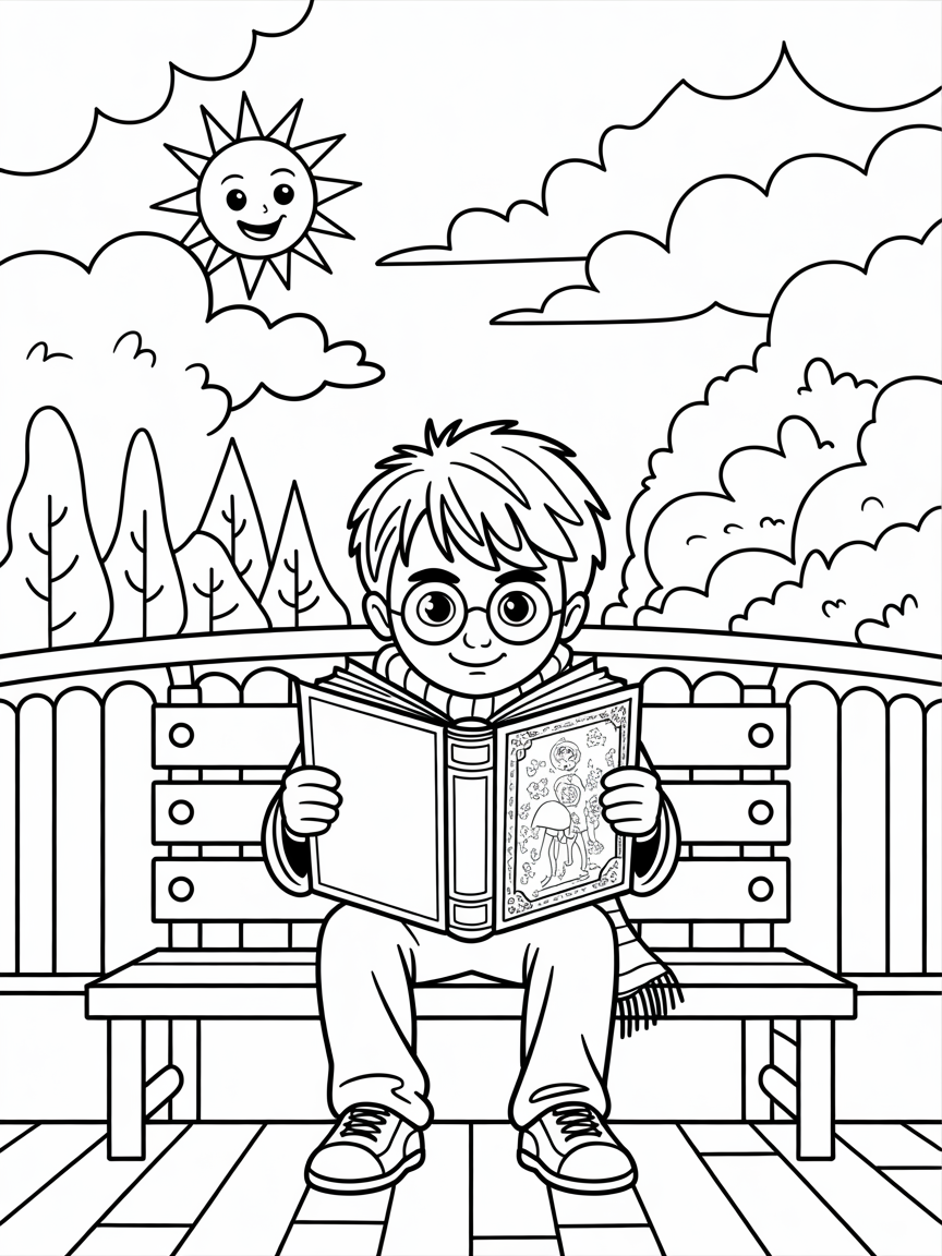 harry potter is reading lines in outside Summer theater and sun is smiling in sky - Free Coloring Page