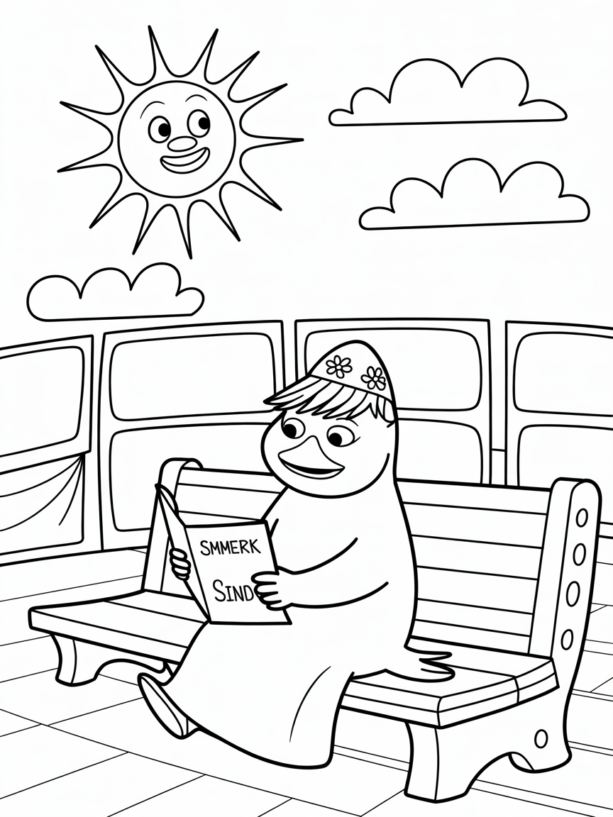 Moomin Snork Maiden is reading lines in outside Summer theater and sun is smiling in sky - Free Coloring Page