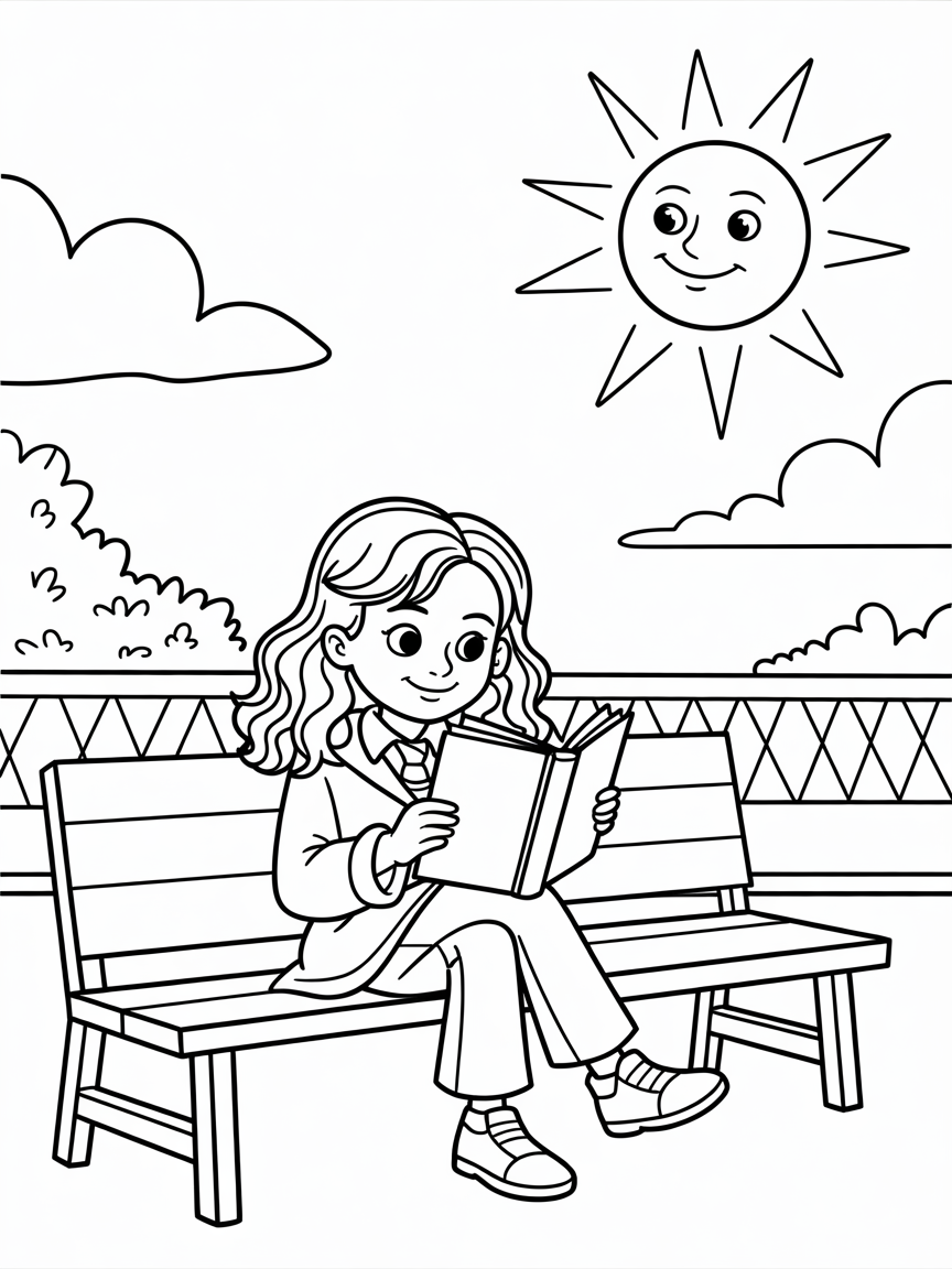 harry potter hermione is reading lines in outside Summer theater and sun is smiling in sky - Free Coloring Page