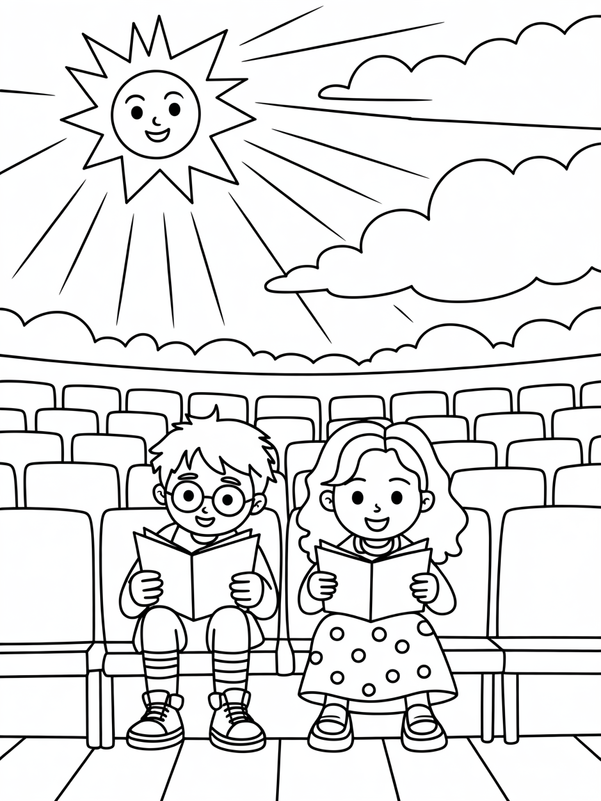 harry potter and hermione is reading lines in outside Summer theater and sun is smiling in sky - Free Coloring Page