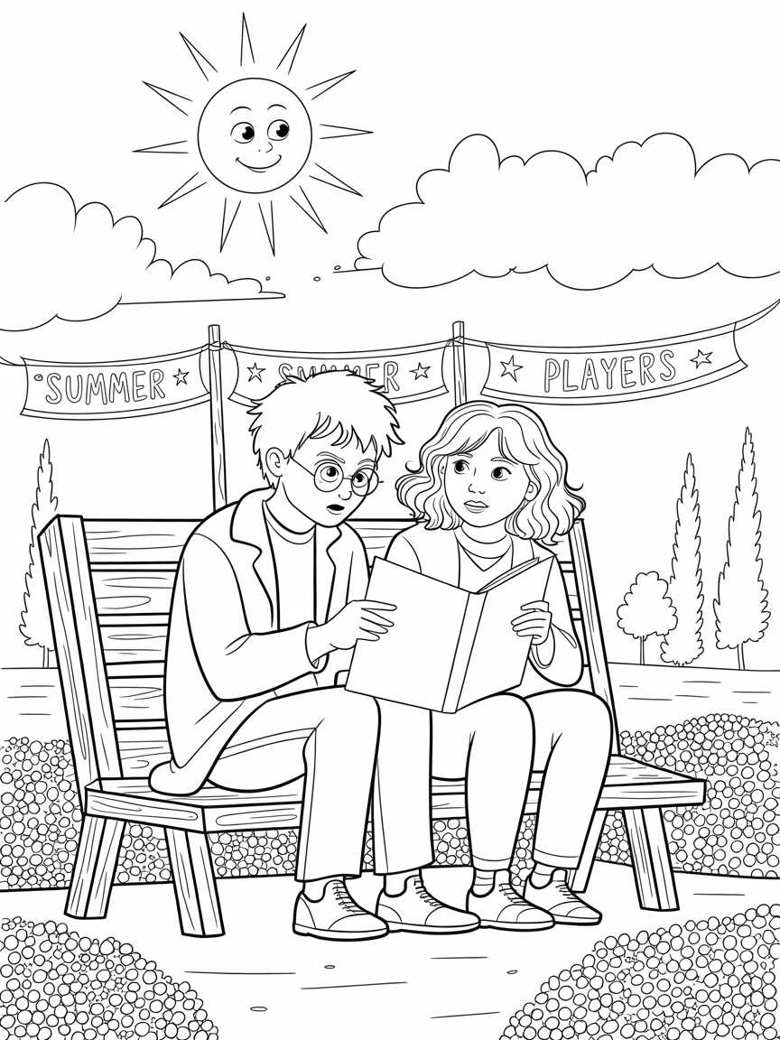 harry potter and hermione is reading acting-lines in outside Summer theater and sun is smiling in sky - Free Coloring Page