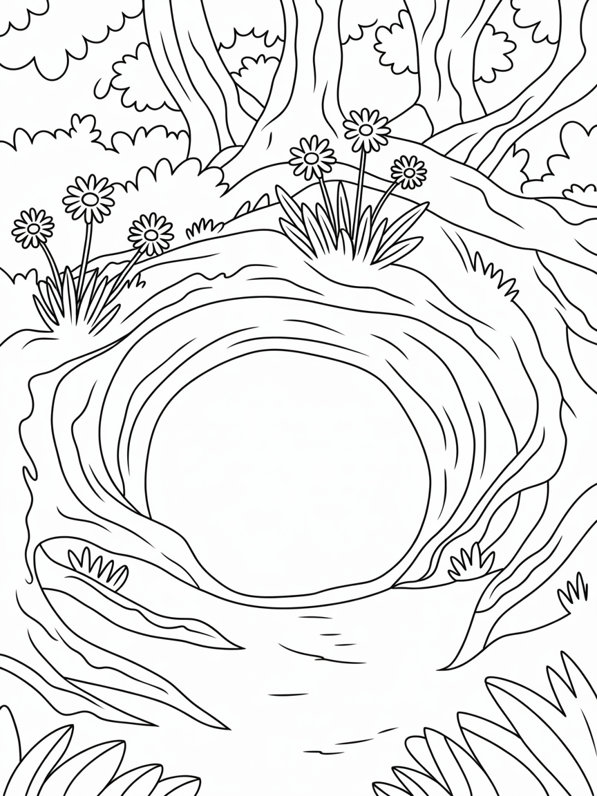 The rabbit hole . Deep in the forest. - Free Coloring Page