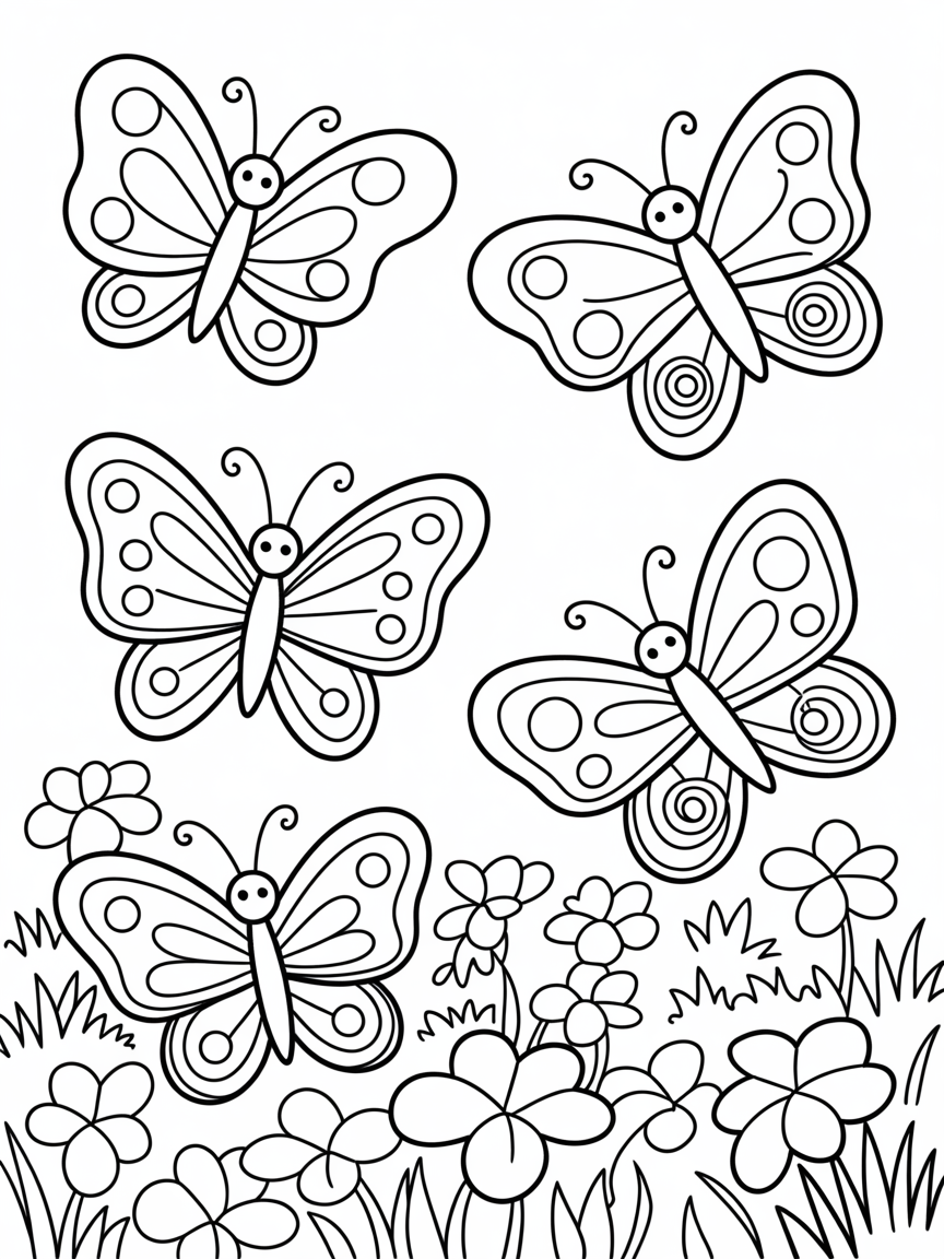 Butterflies on clover patch - Free Coloring Page