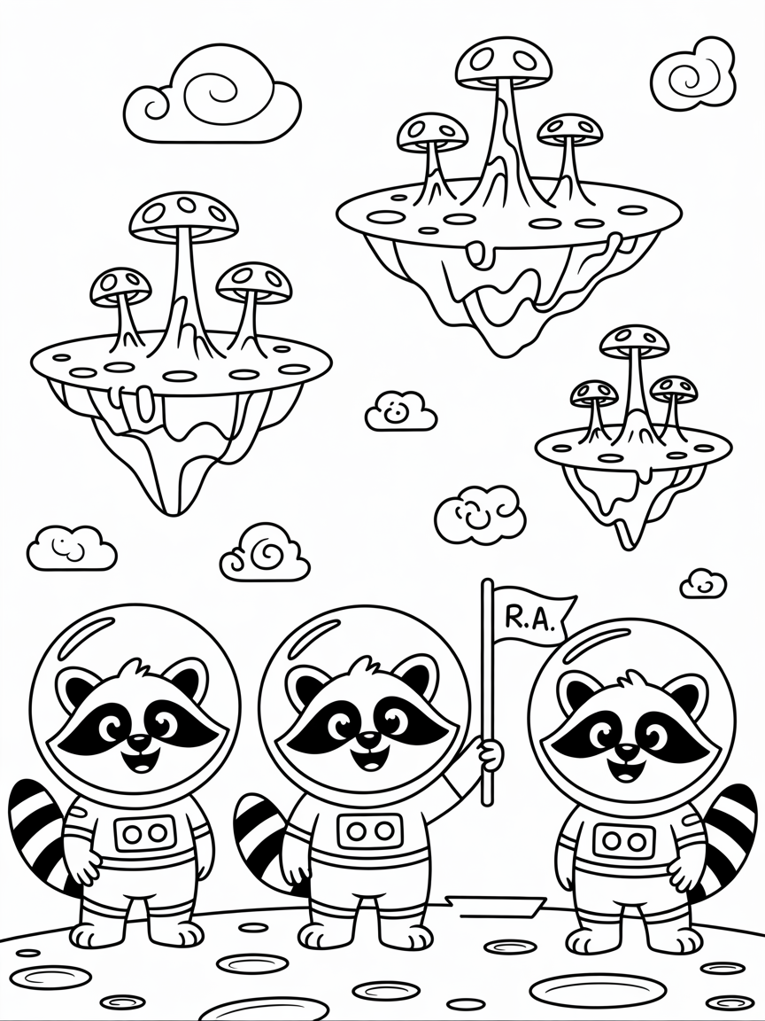 Astronaut raccoons discovering alien planets - Free Coloring Page