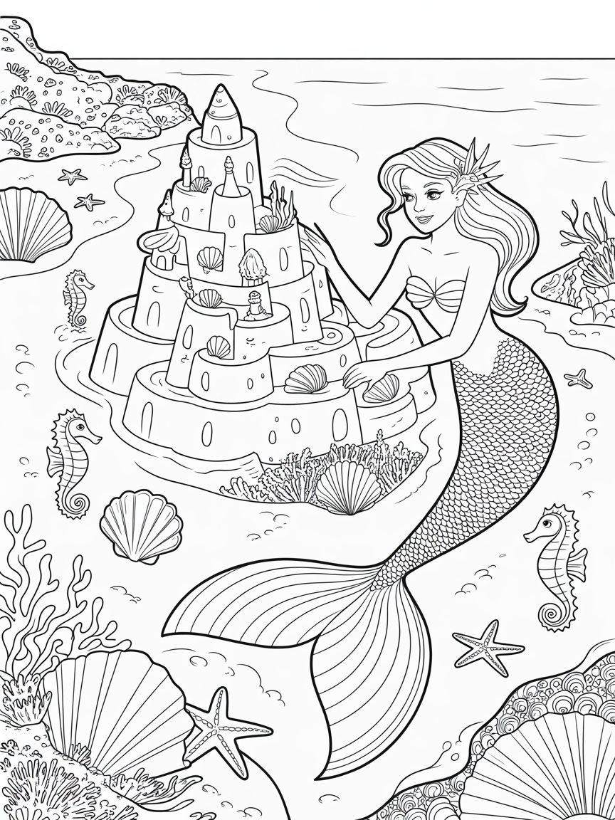 Mermaid building a sandcastle kingdom - Free Coloring Page