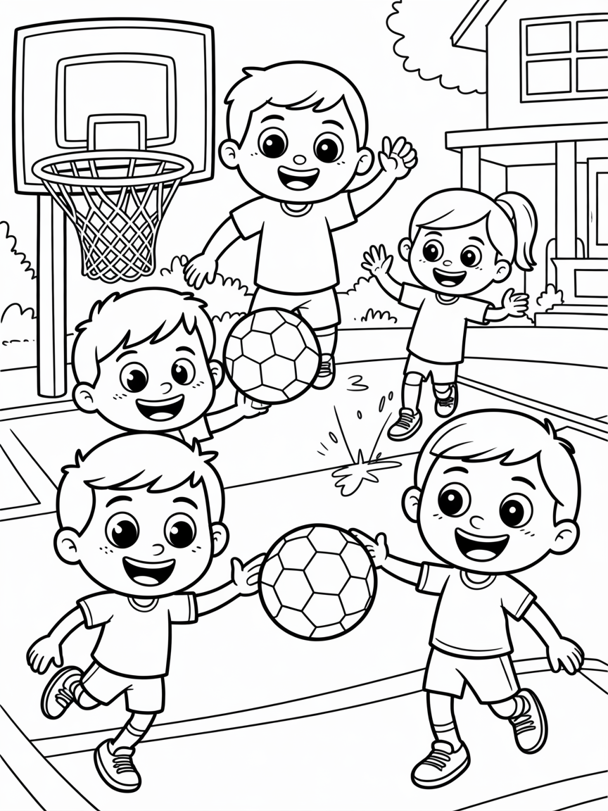 4 cous8ns: 2 boys (ages 6 and 12), and 2 girls ages(8 and 9), playing soccer and basketball in the driveway. - Free Coloring Page