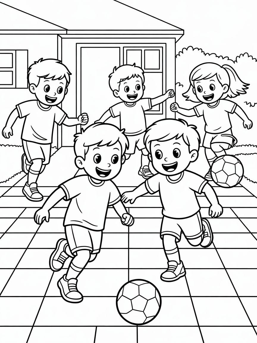 2 boys (ages 6 and 12), and 2 girls ages(8 and 9), playing soccer and basketball in the driveway. - Free Coloring Page