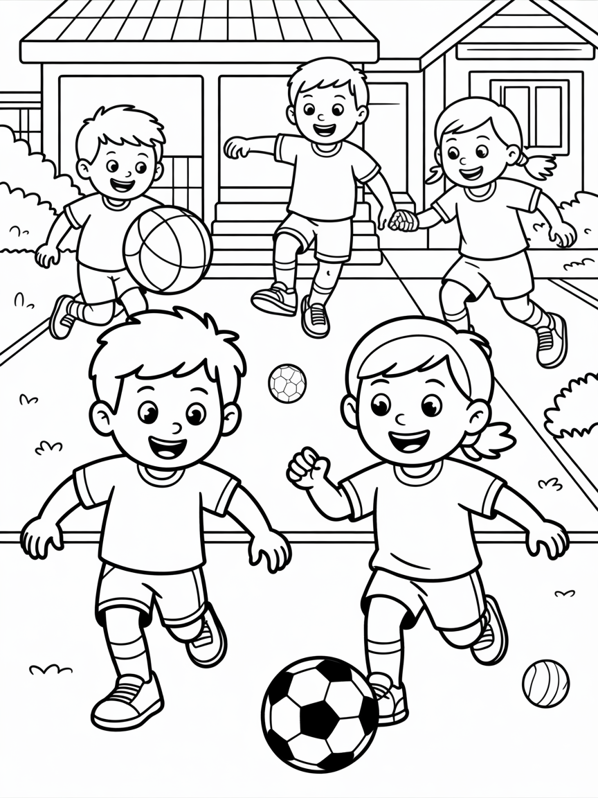 2 boys (ages 6 and 12), and 2 girls ages (8 and 9), playing both soccer and basketball in the driveway. - Free Coloring Page