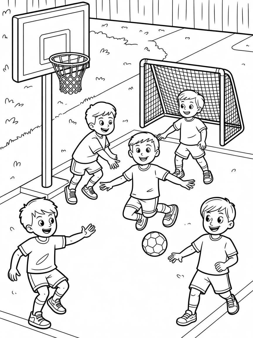 2 boys (ages 6 and 12), and 2 girls (ages 8 and 9), playing both soccer and basketball in the driveway. Show basketball net and soccer goal, too - Free Coloring Page