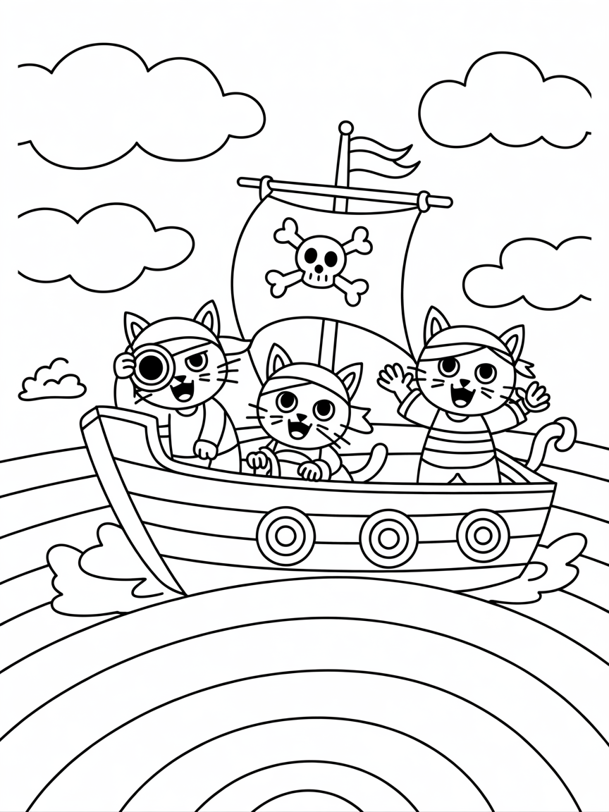 Pirate cats sailing on a rainbow sea - Free Coloring Page