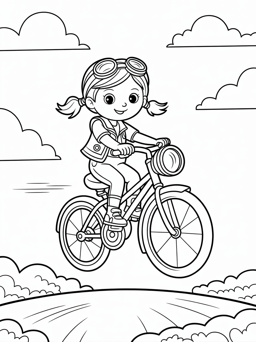 Steampunk world with a girl sitting on a flying Bike - Free Coloring Page