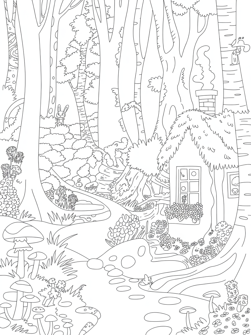 Ghibli style aesthetic forest , cozy colouring - Free Coloring Page