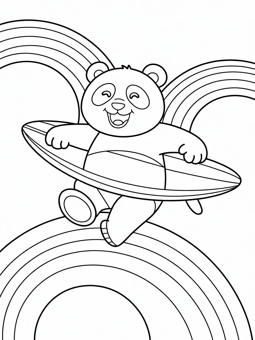 Panda surfing on rainbows - Free Coloring Page