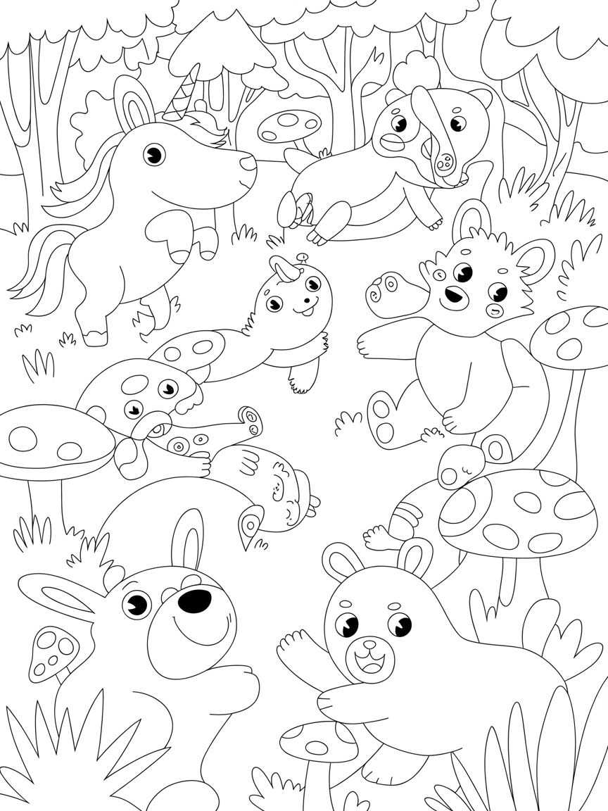 fantasy forest with magical animals - Free Coloring Page