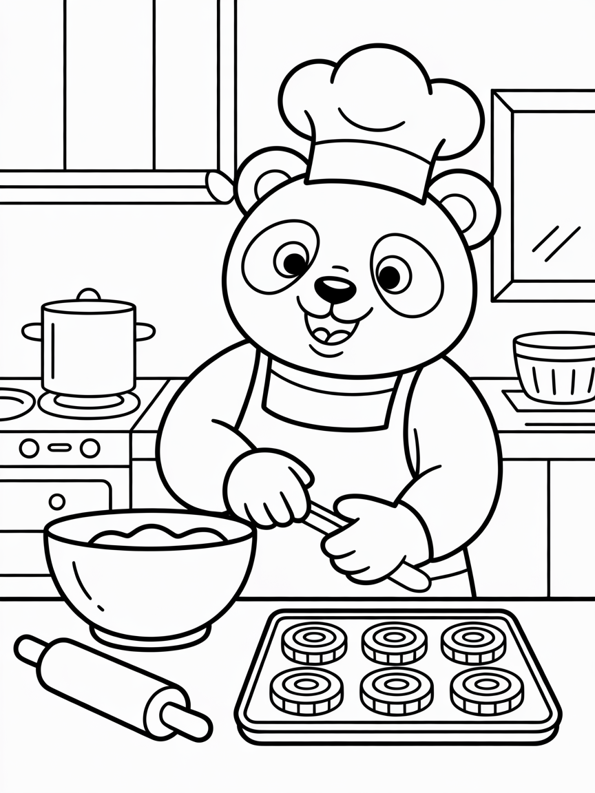 Panda chef baking rainbow cookies - Free Coloring Page