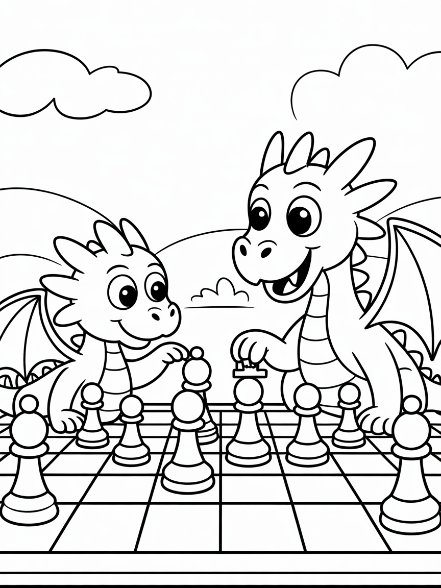 Dragons playing chess - Free Coloring Page