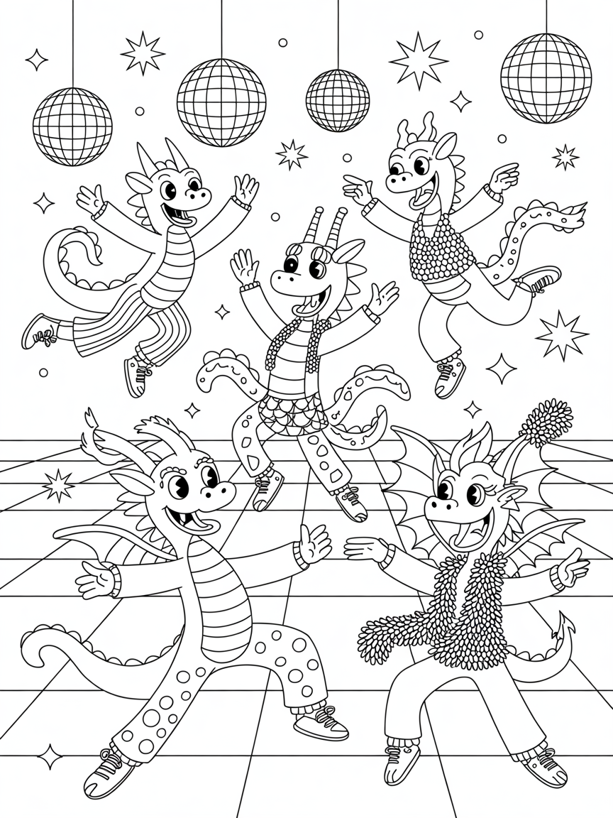 Dragons disco dancing - Free Coloring Page