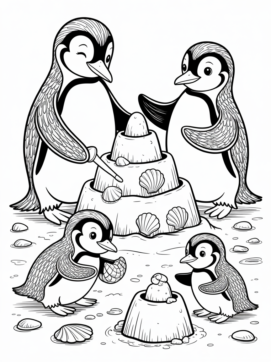 Penguin family building a sandcastle - Free Coloring Page