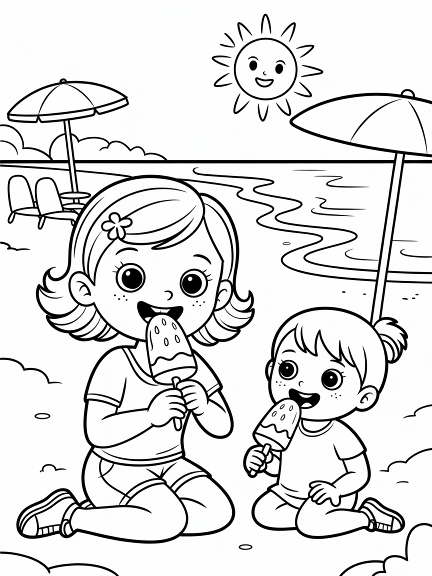 Girl with blonde curls eating ice lollies on the beach with her little sister - Free Coloring Page
