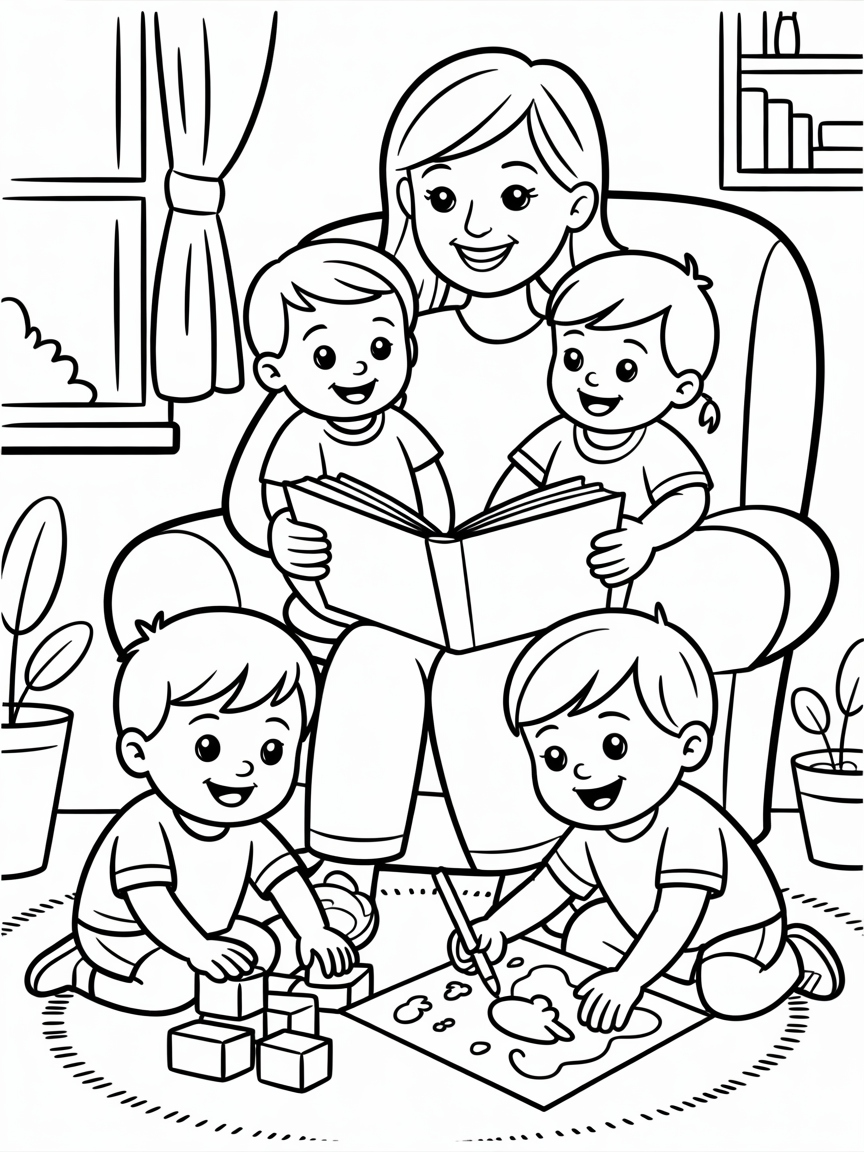 Kids at home with mother - Free Coloring Page