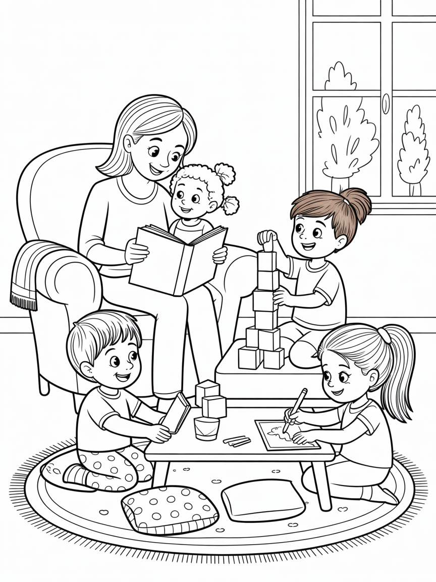 Kids at home with mother a three year old girl with light brown curly hair, a seven year old with a brown pony a ten year old with long hair tied in pony. - Free Coloring Page