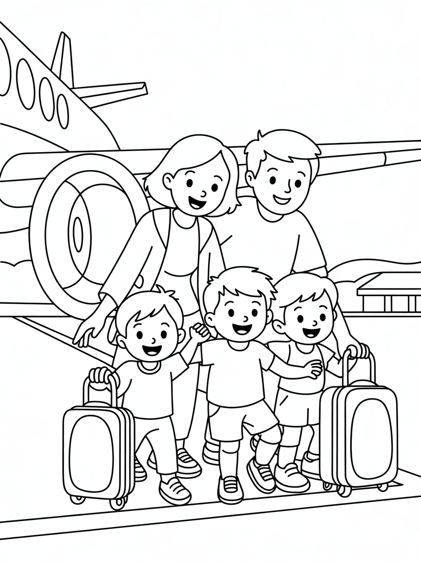 A family with 3 children: girl, boy, girl stepping off a plane - Free Coloring Page