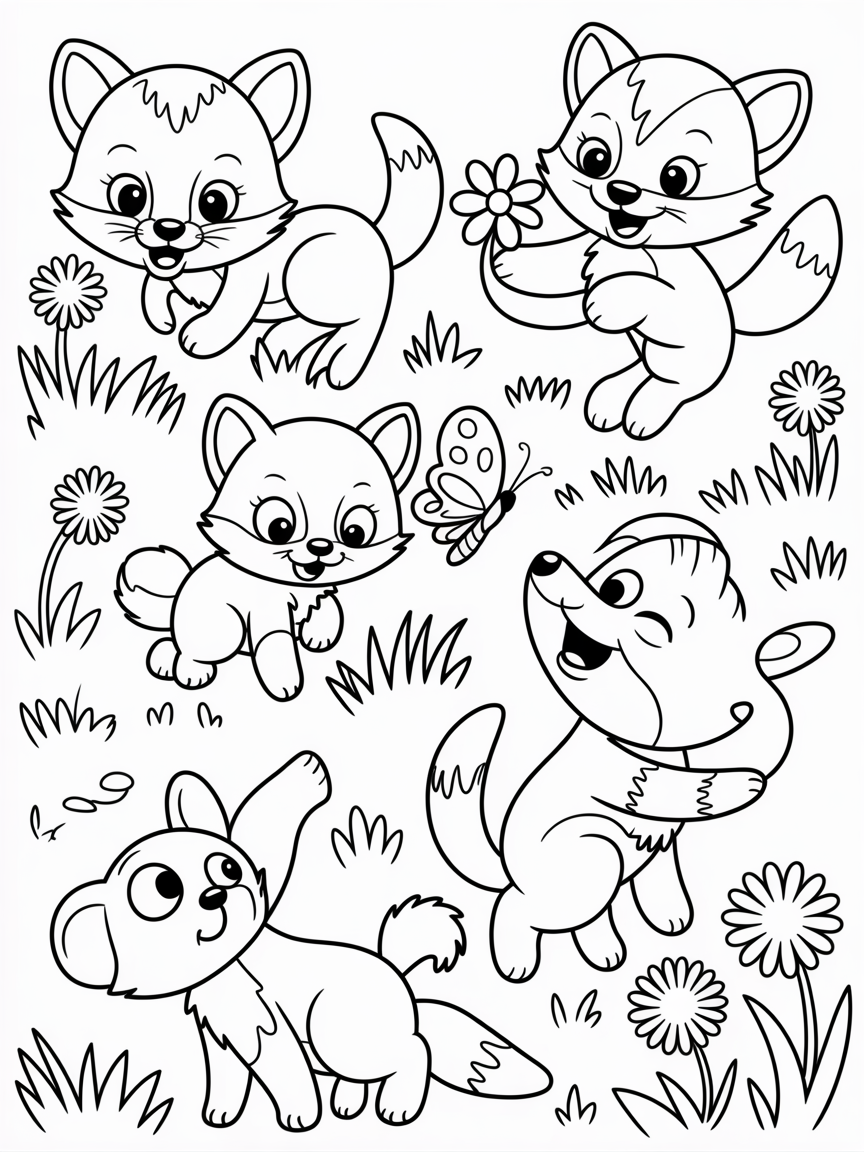 Please create a coloring page of little foxes - Free Coloring Page