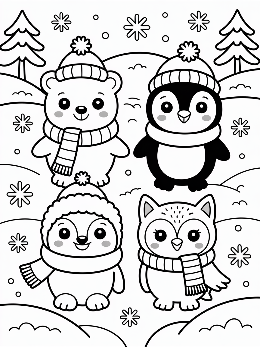 Kawaii animal winter - Free Coloring Page