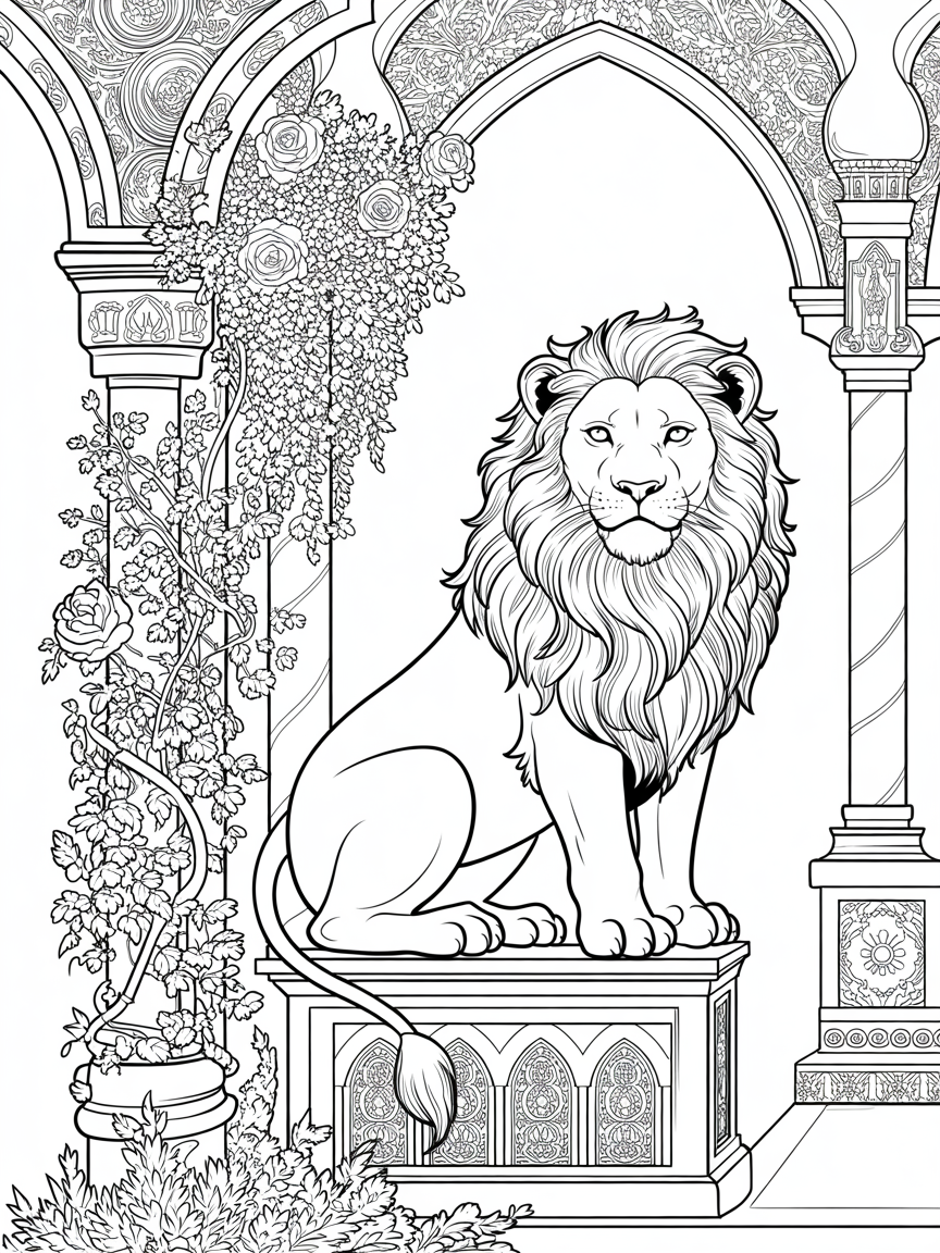 Castle lion rose - Free Coloring Page