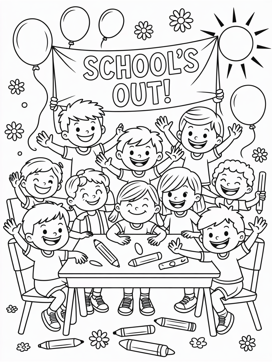 End of year with classmates - Free Coloring Page