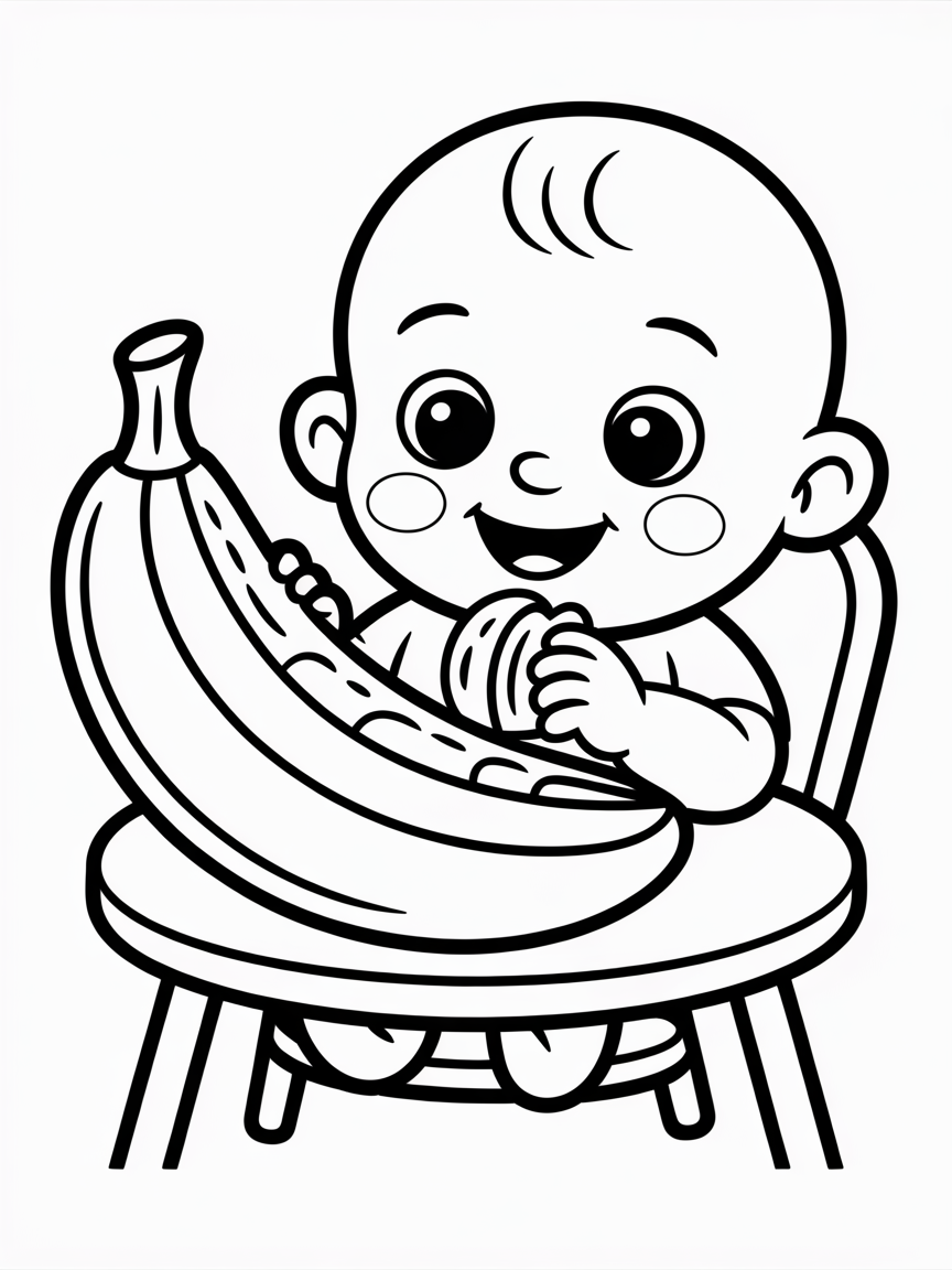 A little baby eating banana - Free Coloring Page