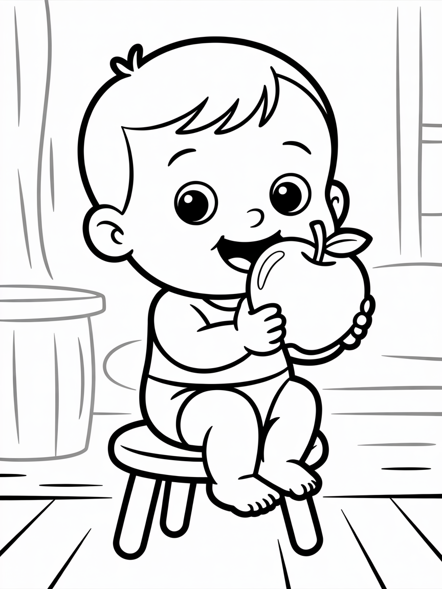 A little baby boy eating an apple - Free Coloring Page