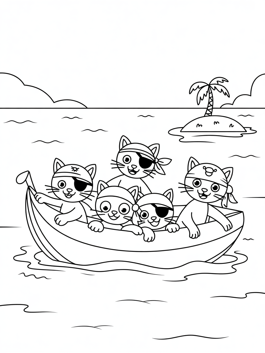 Pirate cats sailing a banana boat - Free Coloring Page