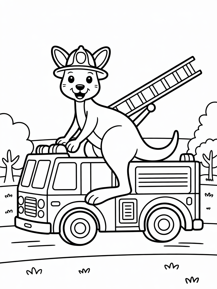 Kangaroo riding a firetruck - Free Coloring Page