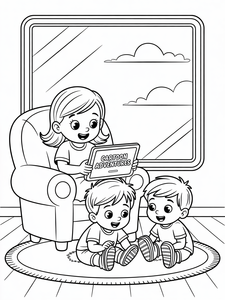 A girl and two younger boys watch a movie on a tablet - Free Coloring Page