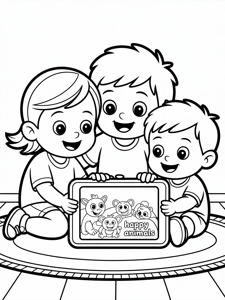 A girl, a younger boy and a toddler boy watch a movie on a tablet together - Free Coloring Page