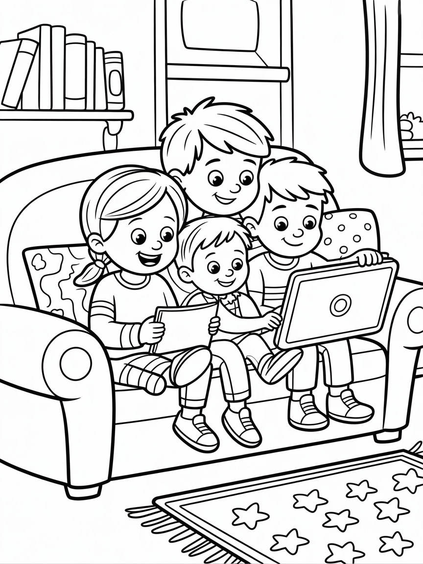 An big girl, a boy and a toddler boy watch a movie on a tablet together sitting on the sofa - Free Coloring Page