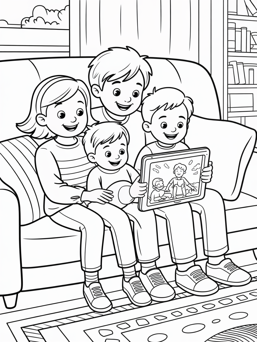 A big girl, a boy and a toddler boy watch a movie on a tablet together sitting on the sofa - Free Coloring Page