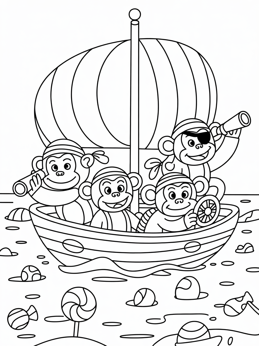 Pirate monkeys sailing candy sea - Free Coloring Page