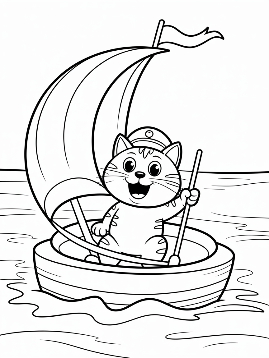 Cat sailing a cheese boat - Free Coloring Page