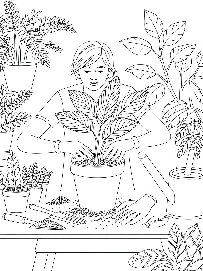 Repotting houseplants - Free Coloring Page