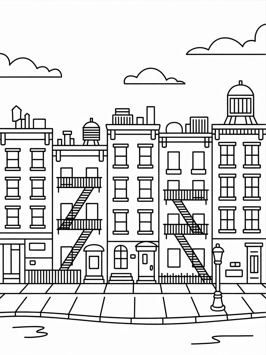 tenament buildings in NYC - Free Coloring Page