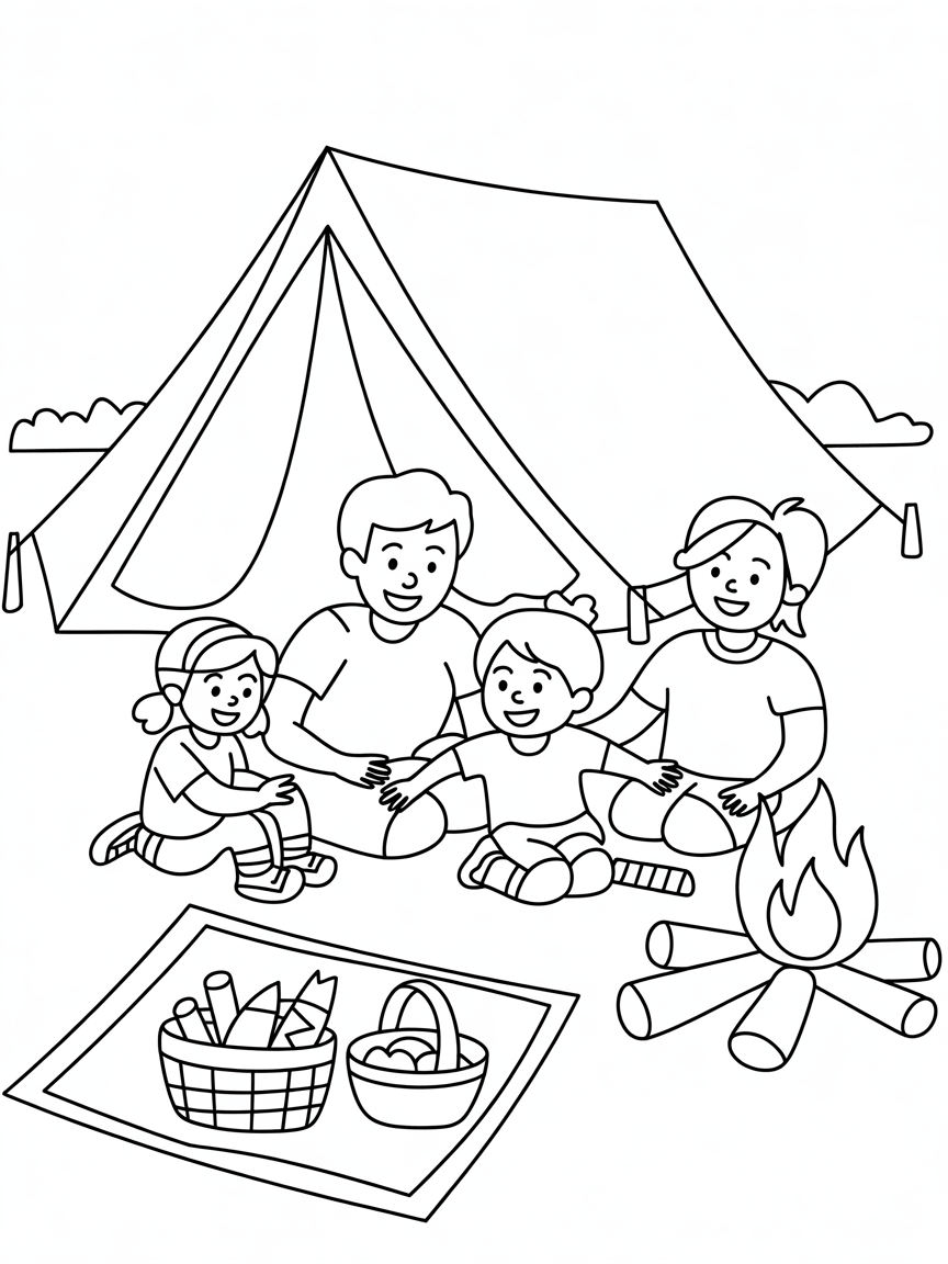 Family Camping day - Free Coloring Page
