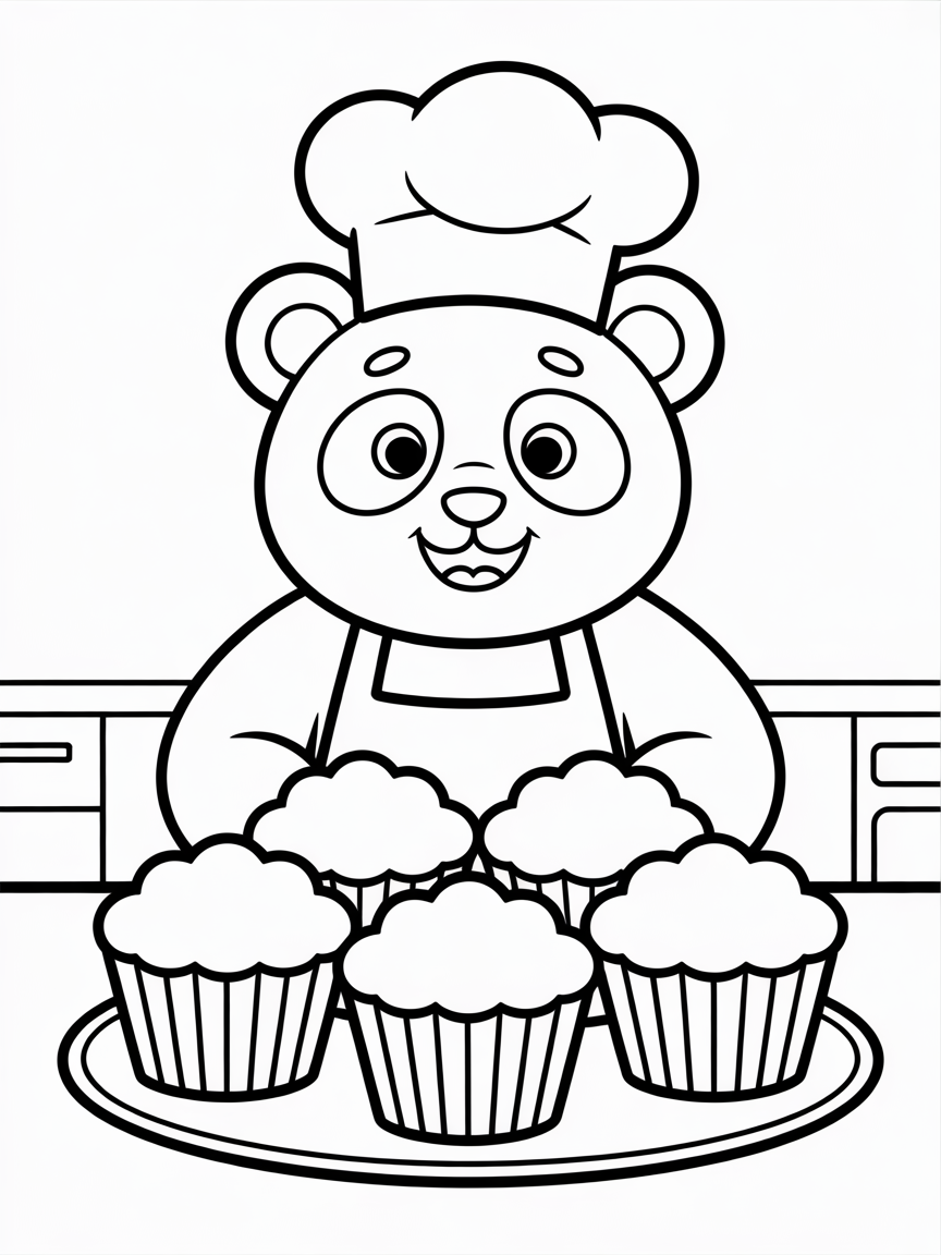 Panda chef baking rainbow cupcakes - Free Coloring Page
