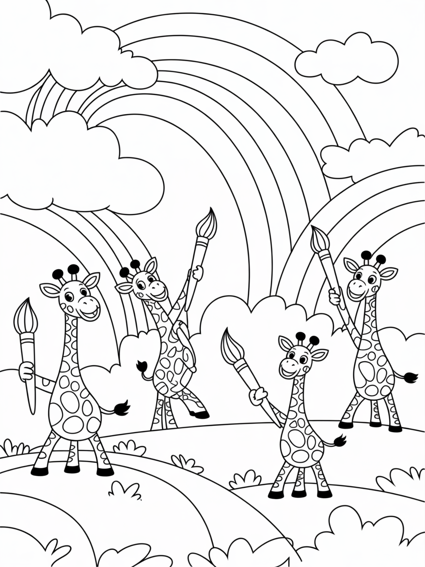 Giraffes painting colorful rainbows - Free Coloring Page
