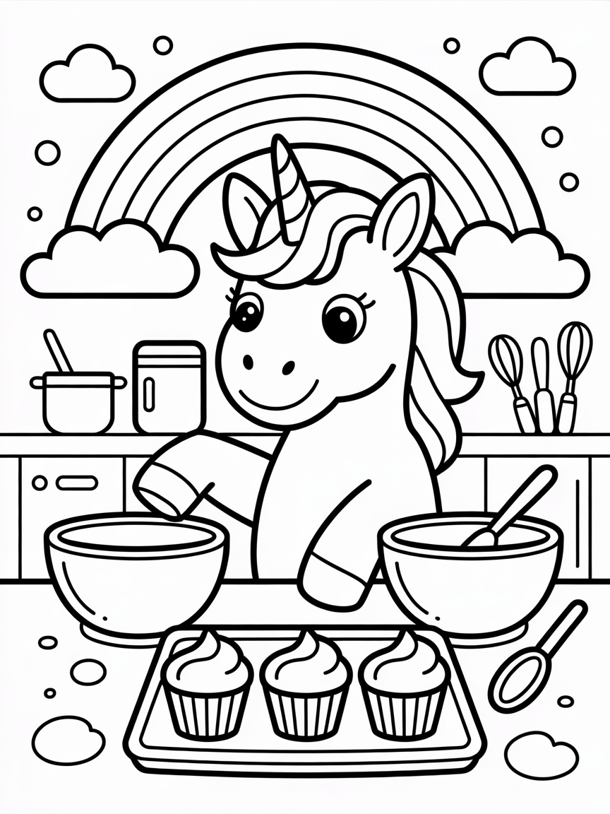 Unicorn baking cupcakes in rainbows - Free Coloring Page