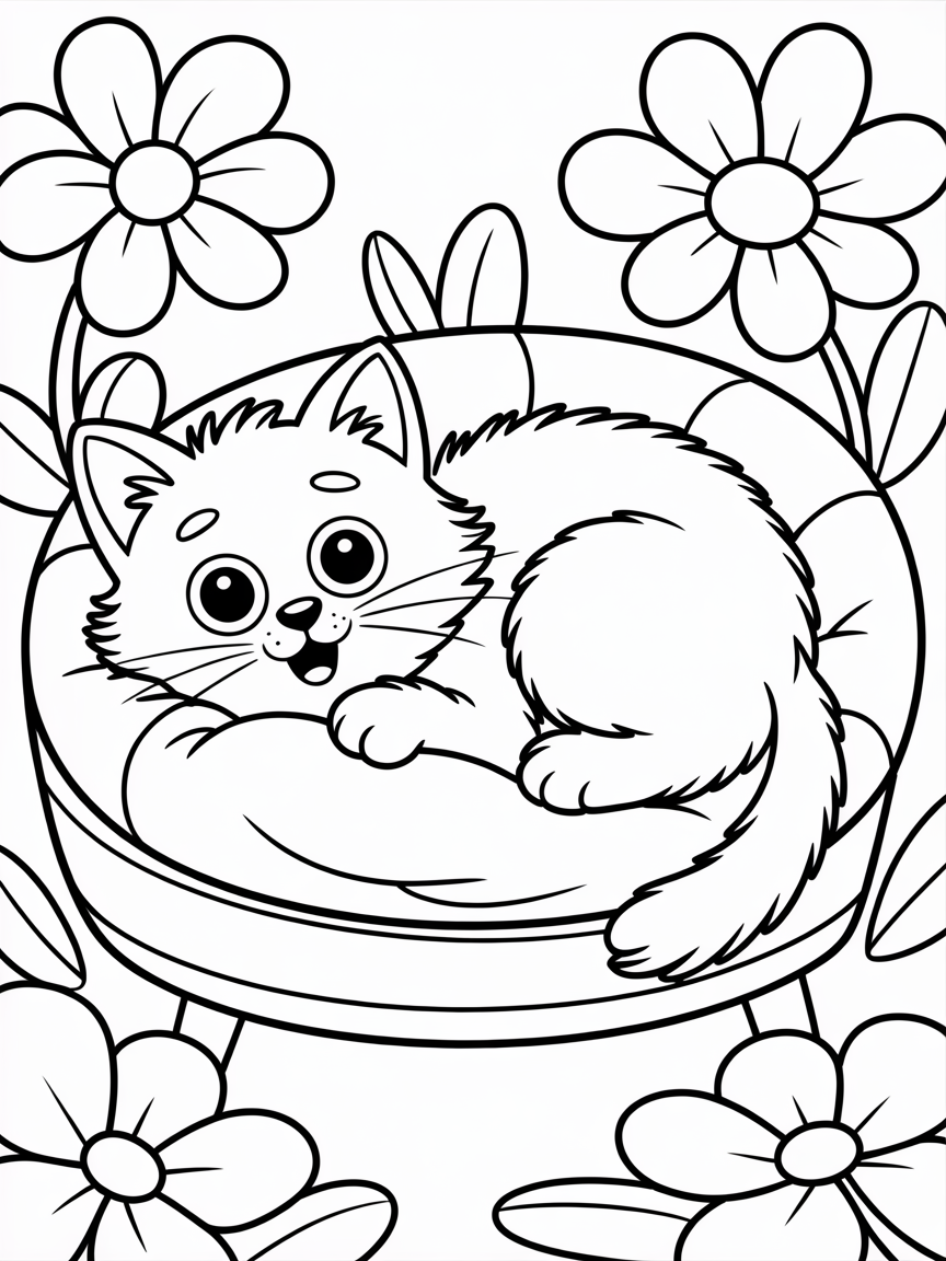 cat in bed with flowers - Free Coloring Page